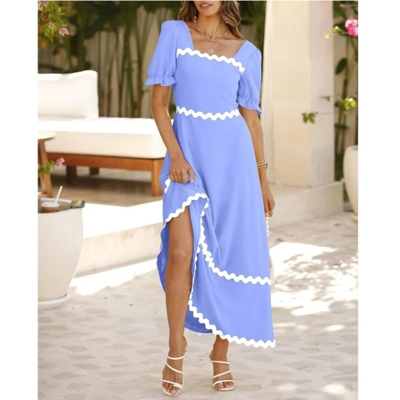 Brand New Blue Flowy Maxi Dress w/ White Ric Rac Tie Back Smocked Puff Sleeves - Picture 15 of 16